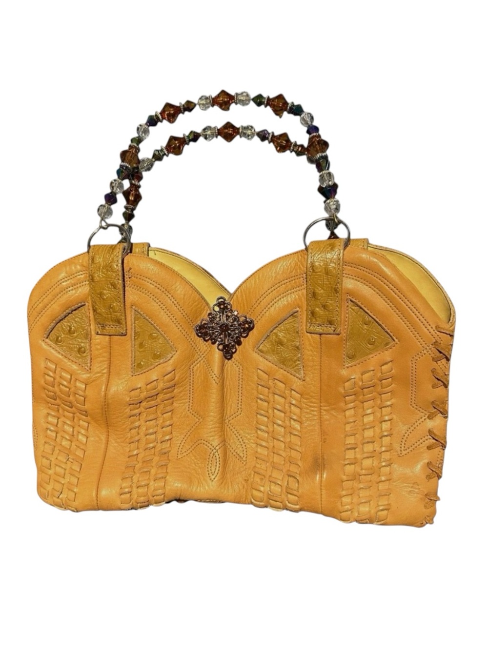 Zodiac USA Vintage Tan Leather Handbag with Beaded Handles & Ornamental Details